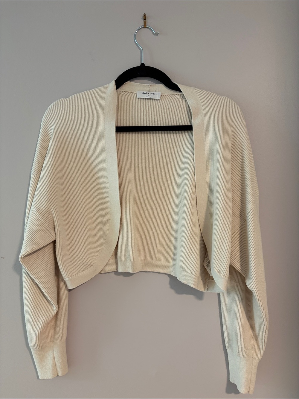 Aritzia Babaton Cream Ribbed Cropped Open-Front Cardigan